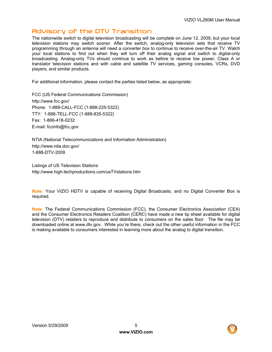 Advisory of the dtv transition | Vizio VL260M User Manual | Page 5 / 52