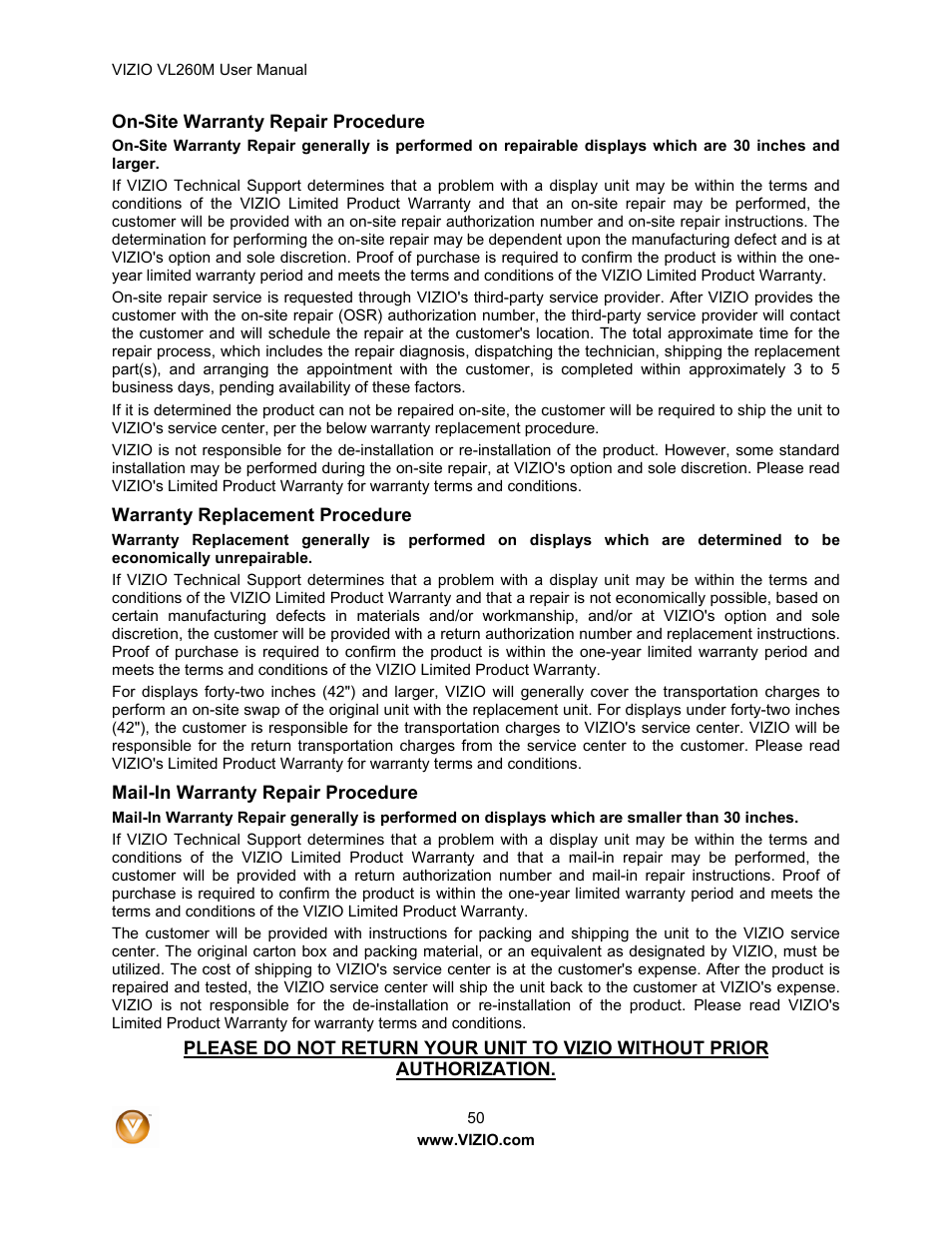 Vizio VL260M User Manual | Page 50 / 52