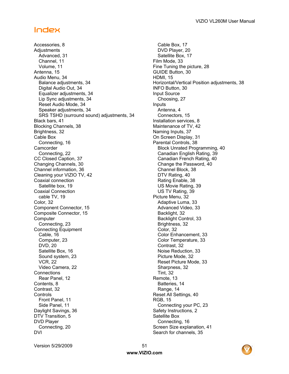 Index | Vizio VL260M User Manual | Page 51 / 52