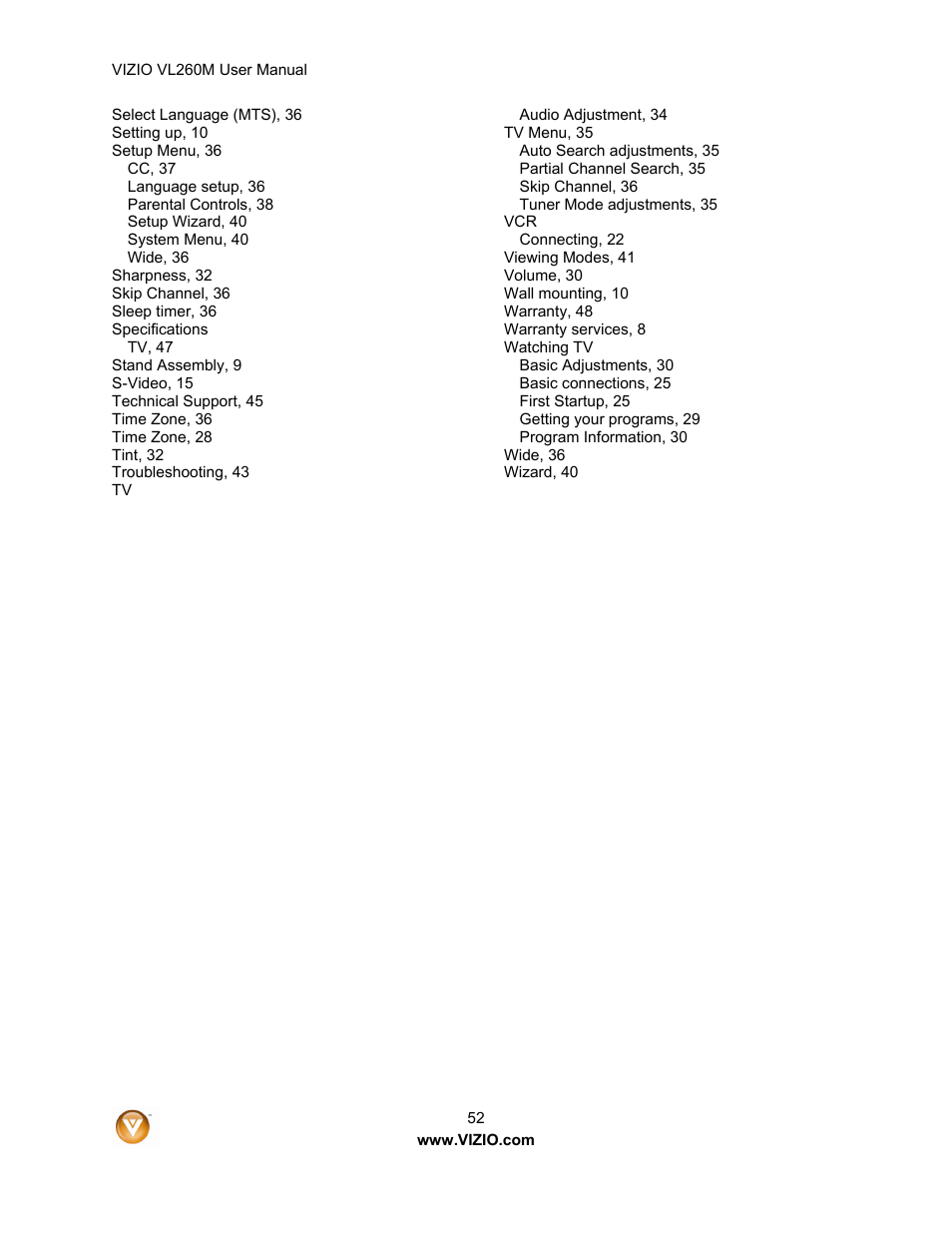 Vizio VL260M User Manual | Page 52 / 52