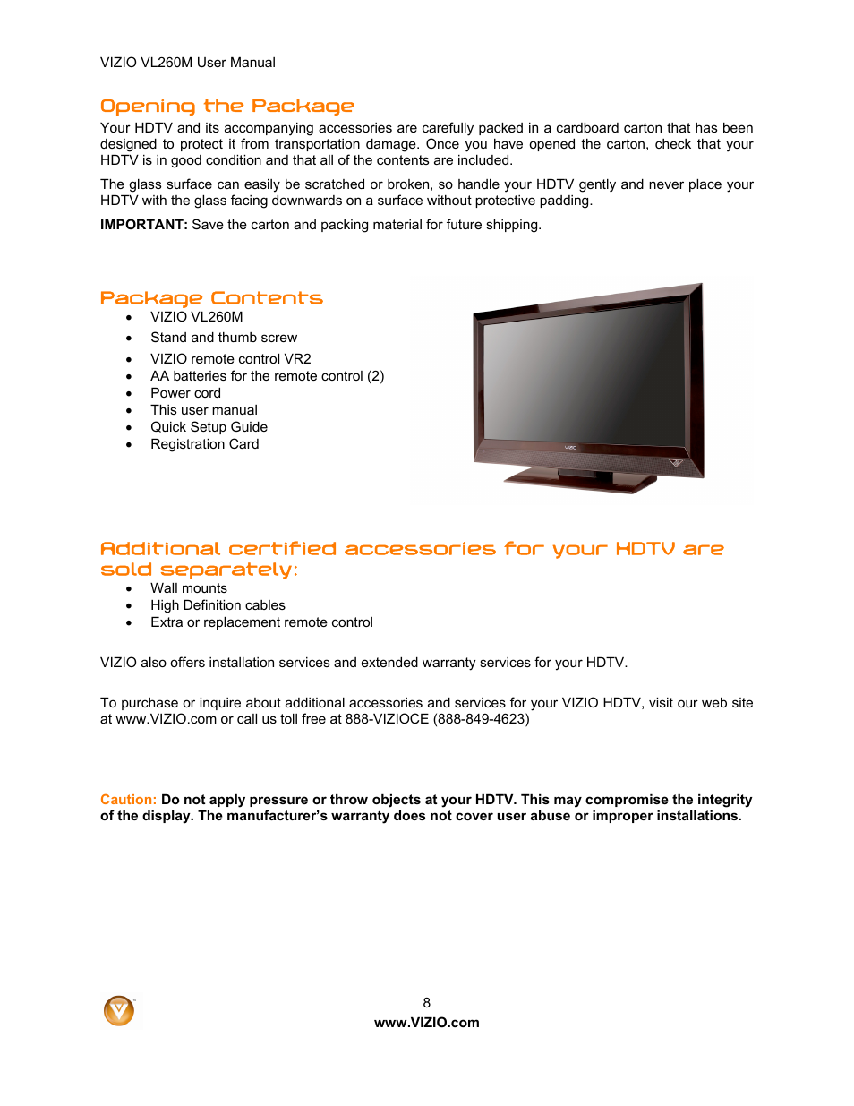 Opening the package, Package contents | Vizio VL260M User Manual | Page 8 / 52