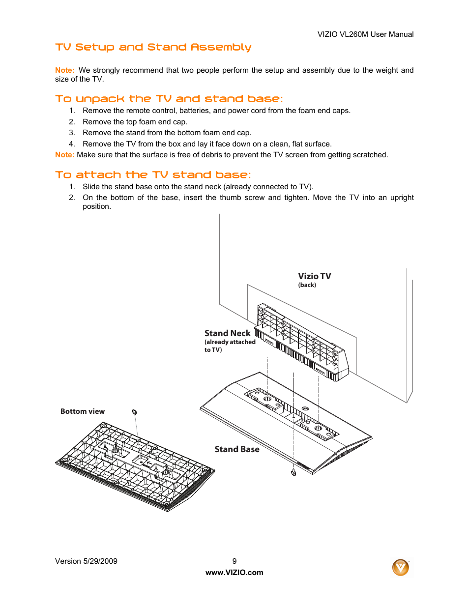 Tv setup and stand assembly | Vizio VL260M User Manual | Page 9 / 52