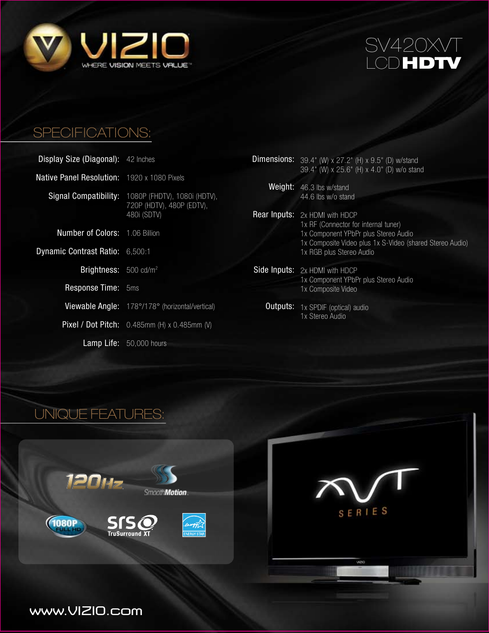 Vizio SV420XVT User Manual | 1 page