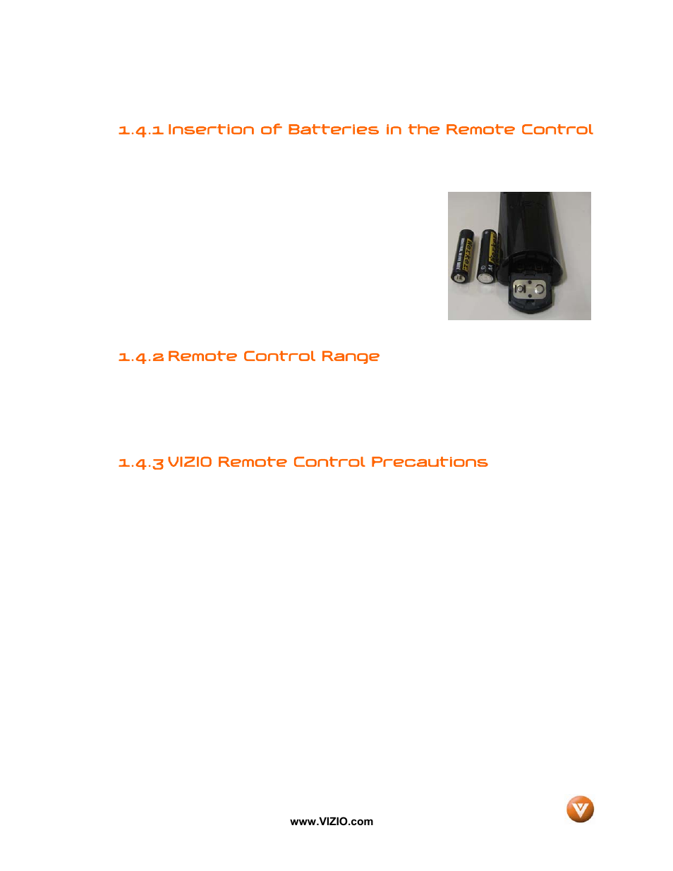 1 insertion of batteries in the remote control, 2 remote control range, 3 vizio remote control precautions | Vizio VW47L FHDTV10A User Manual | Page 12 / 72