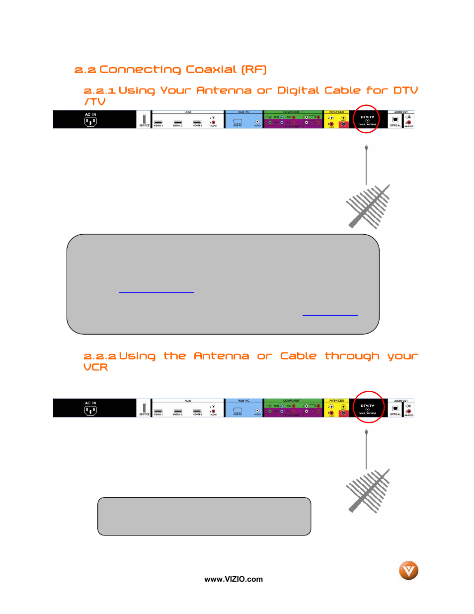 2 connecting coaxial (rf), Using your antenna or digital cable for dtv /tv, Using the antenna or cable through your vcr | 1 using your antenna or digital cable for dtv /tv, 2 using the antenna or cable through your vcr | Vizio VW47L FHDTV10A User Manual | Page 14 / 72
