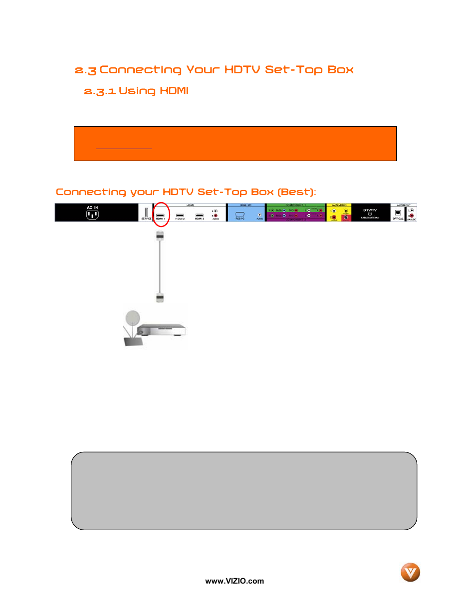 3 connecting your hdtv set-top box, 1 using hdmi | Vizio VW47L FHDTV10A User Manual | Page 15 / 72