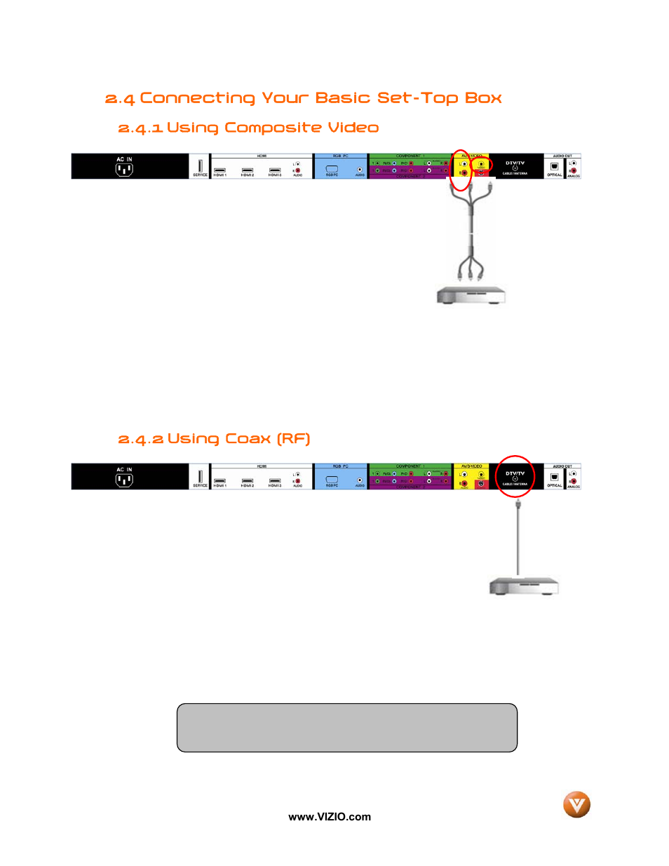 4 connecting your basic set-top box, 1 using composite video, Using coax (rf) | 2 using coax (rf) | Vizio VW47L FHDTV10A User Manual | Page 18 / 72
