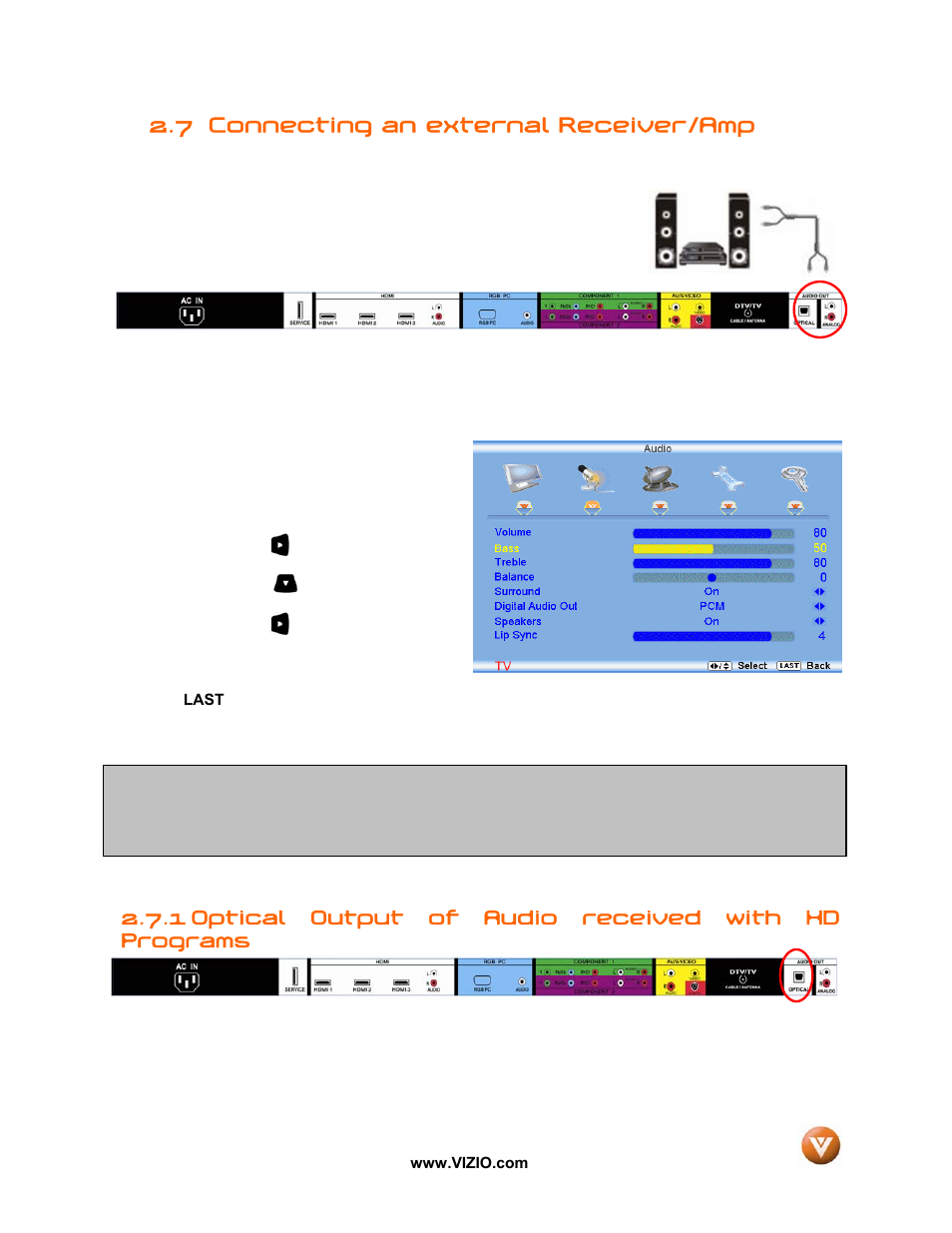 7 connecting an external receiver/amp, Optical output of audio received with hd programs | Vizio VW47L FHDTV10A User Manual | Page 24 / 72