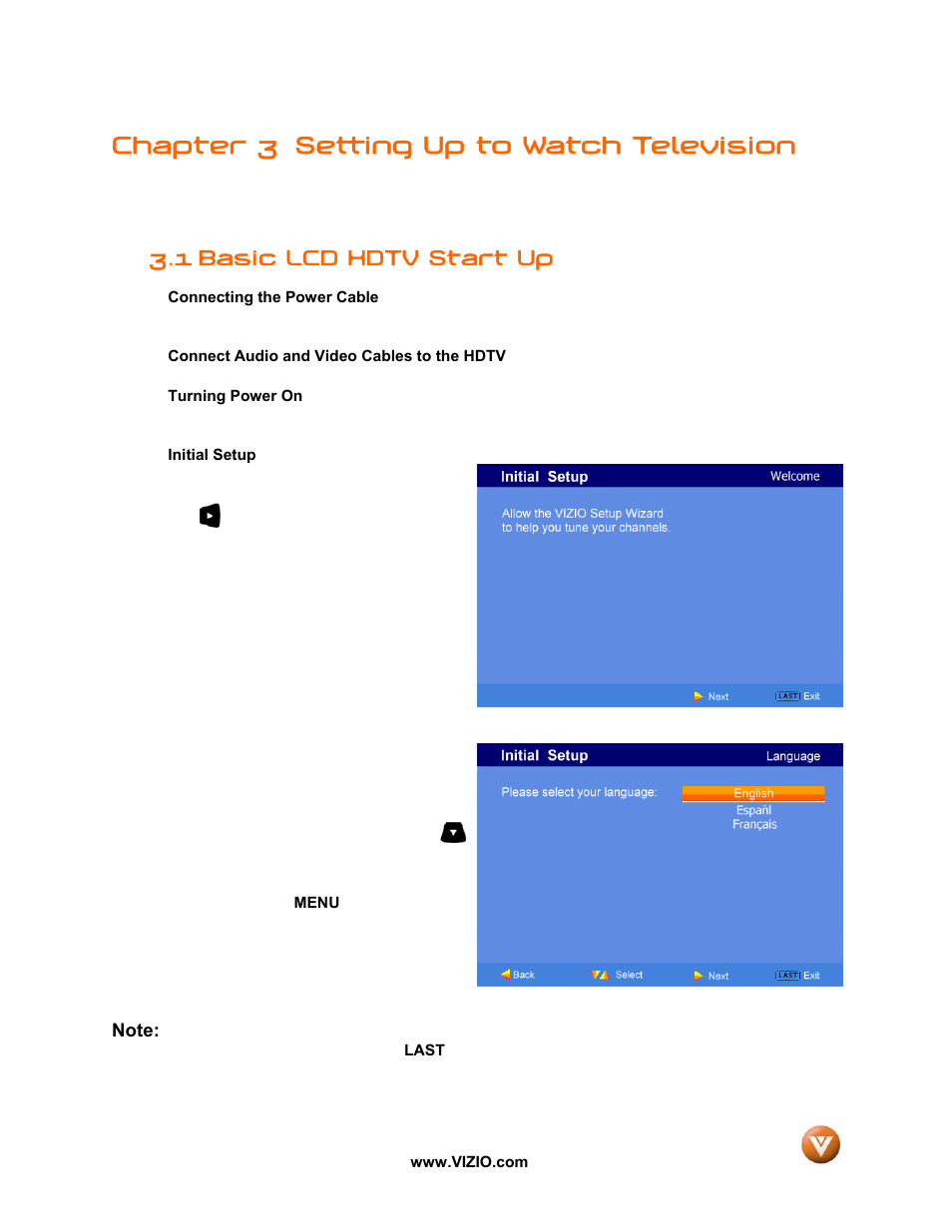 Chapter 3 setting up to watch television, 1 basic lcd hdtv start up | Vizio VW47L FHDTV10A User Manual | Page 27 / 72