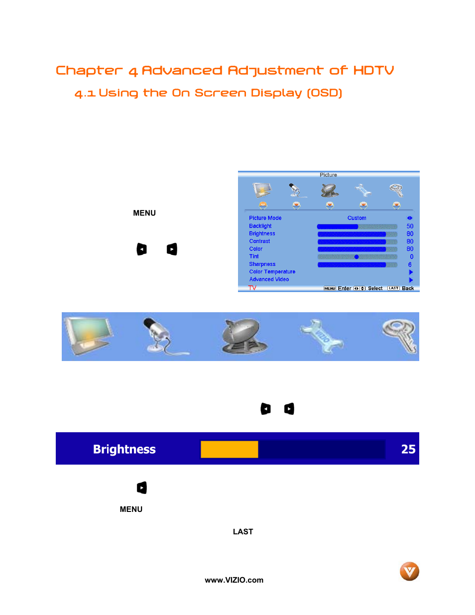 Chapter 4 advanced adjustment of hdtv, 1 using the on screen display (osd) | Vizio VW47L FHDTV10A User Manual | Page 35 / 72