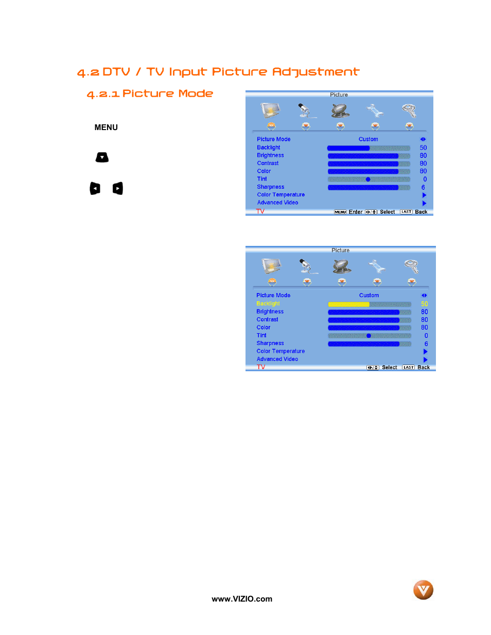 2 dtv / tv input picture adjustment, Picture mode, 1 picture mode | Vizio VW47L FHDTV10A User Manual | Page 36 / 72