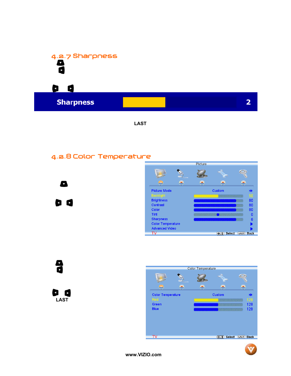 Sharpness, 8 color temperature, 7 sharpness | Vizio VW47L FHDTV10A User Manual | Page 39 / 72