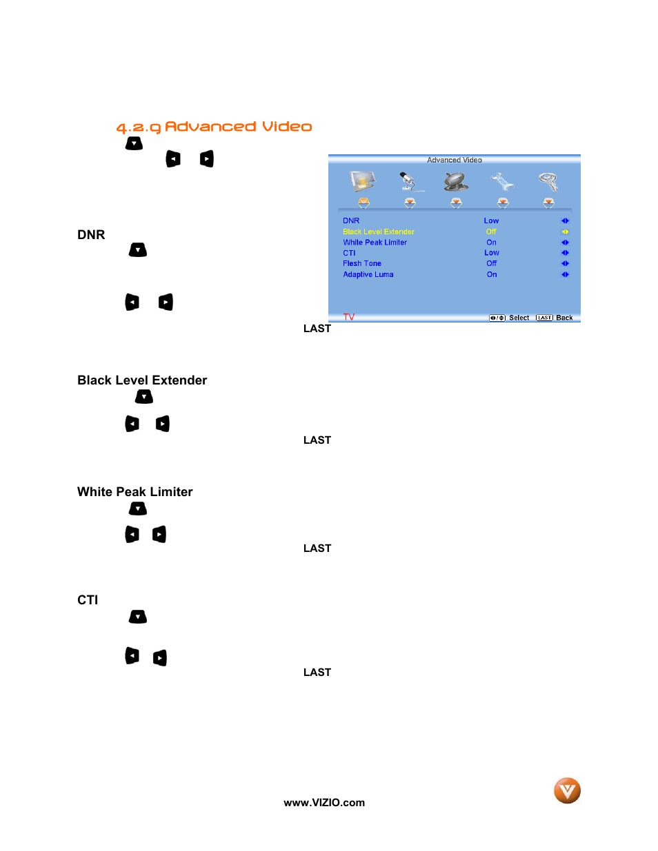 Advanced video, Black level extender, White peak limiter | 9 advanced video | Vizio VW47L FHDTV10A User Manual | Page 40 / 72