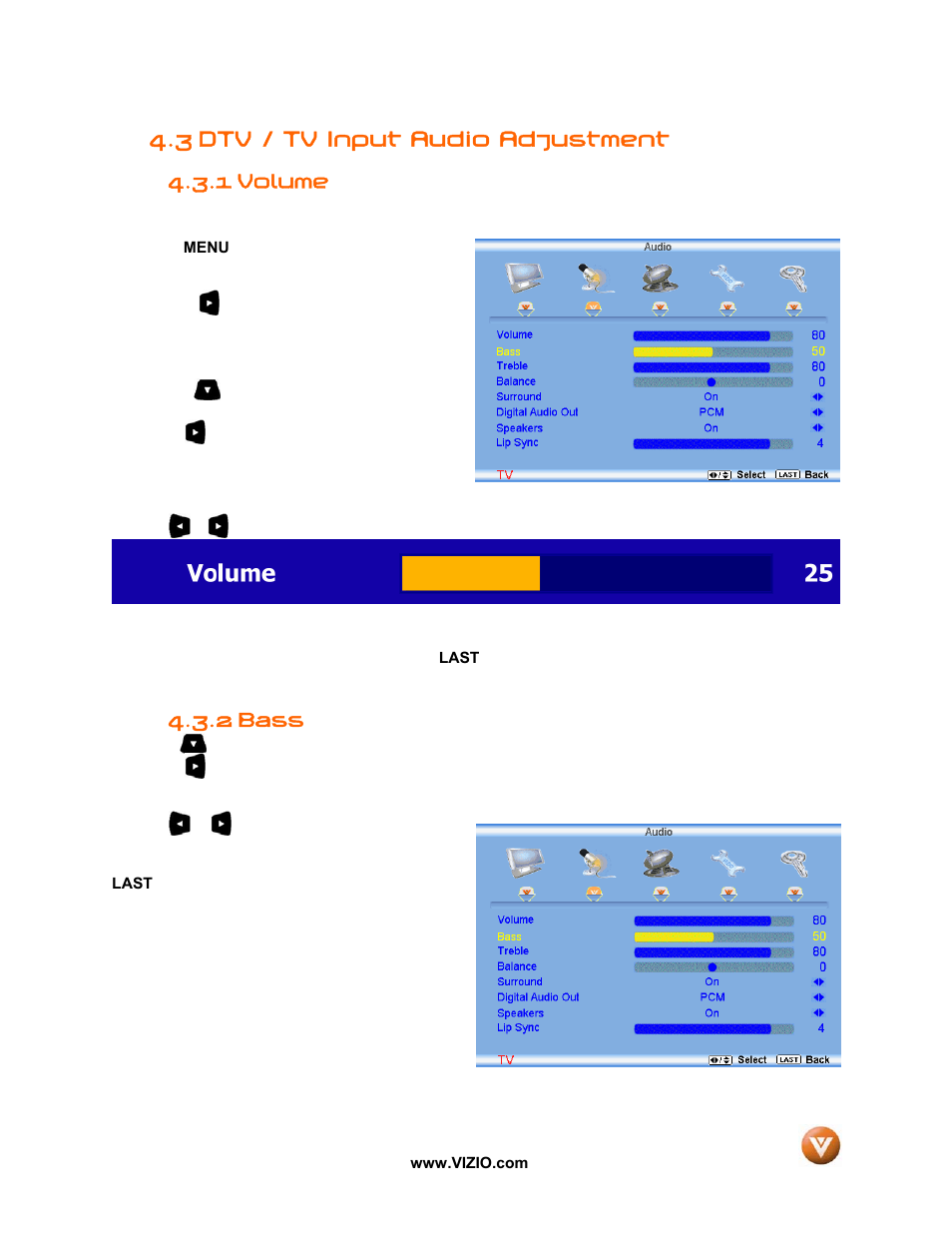 3 dtv / tv input audio adjustment, 1 volume, Bass | 2 bass | Vizio VW47L FHDTV10A User Manual | Page 42 / 72