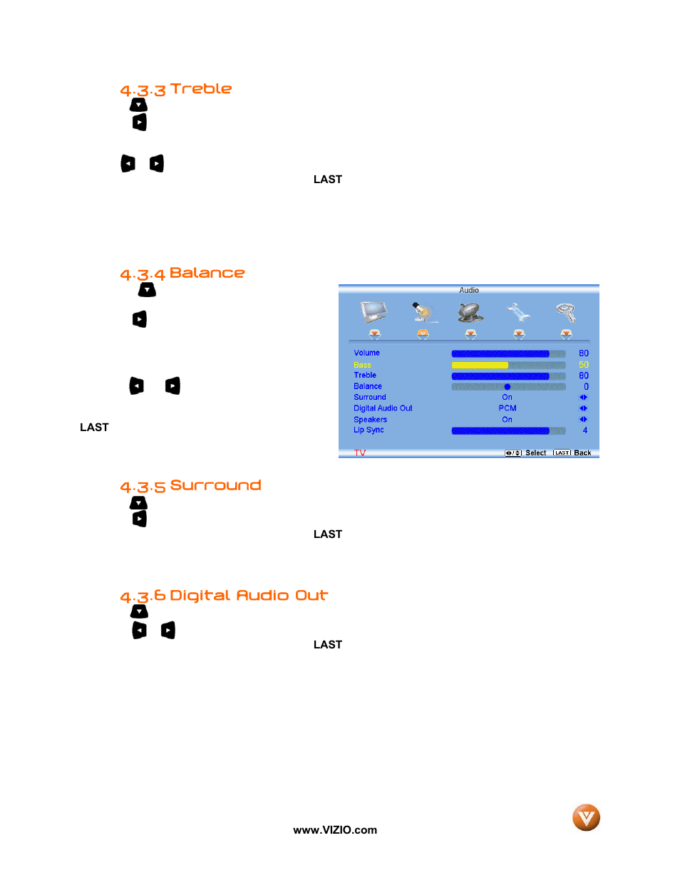 Treble, Balance, Surround | Digital audio out, 3 treble, 4 balance, 5 surround, 6 digital audio out | Vizio VW47L FHDTV10A User Manual | Page 43 / 72