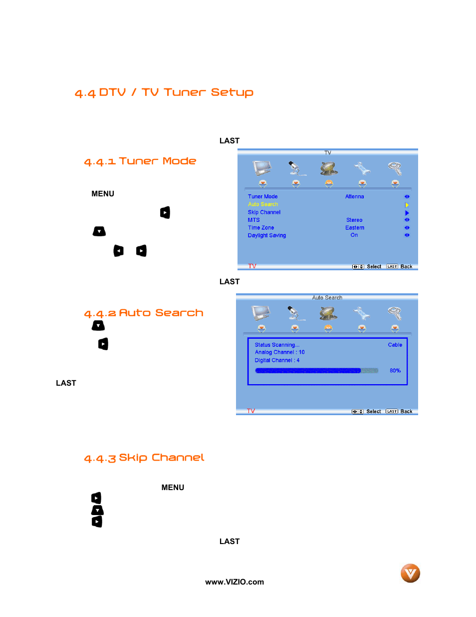 4 dtv / tv tuner setup, Tuner mode, Auto search | 3 skip channel, 1 tuner mode, 2 auto search | Vizio VW47L FHDTV10A User Manual | Page 45 / 72