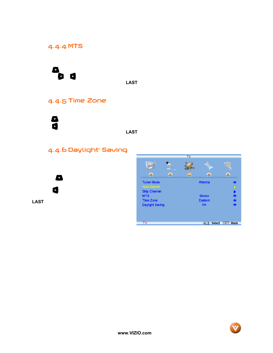 4 mts, 5 time zone, 6 daylight saving | Vizio VW47L FHDTV10A User Manual | Page 46 / 72