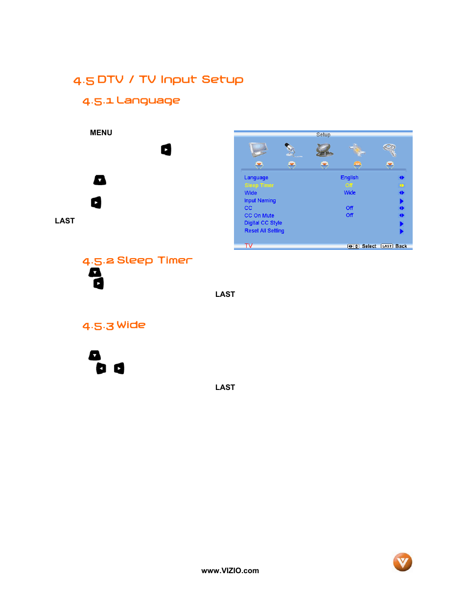 5 dtv / tv input setup, 1 language, Sleep timer | 3 wide, 2 sleep timer | Vizio VW47L FHDTV10A User Manual | Page 47 / 72