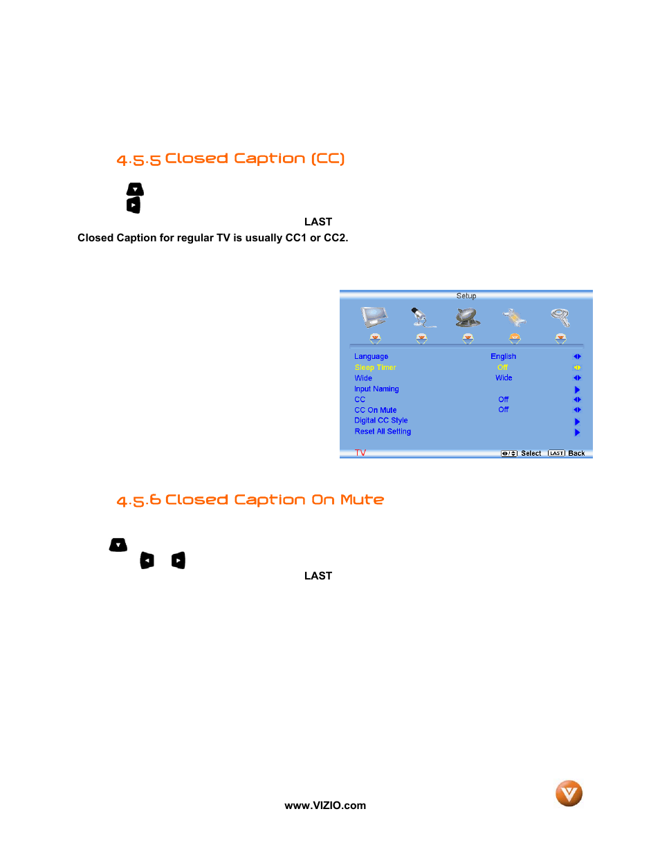 5 closed caption (cc), 6 closed caption on mute | Vizio VW47L FHDTV10A User Manual | Page 49 / 72