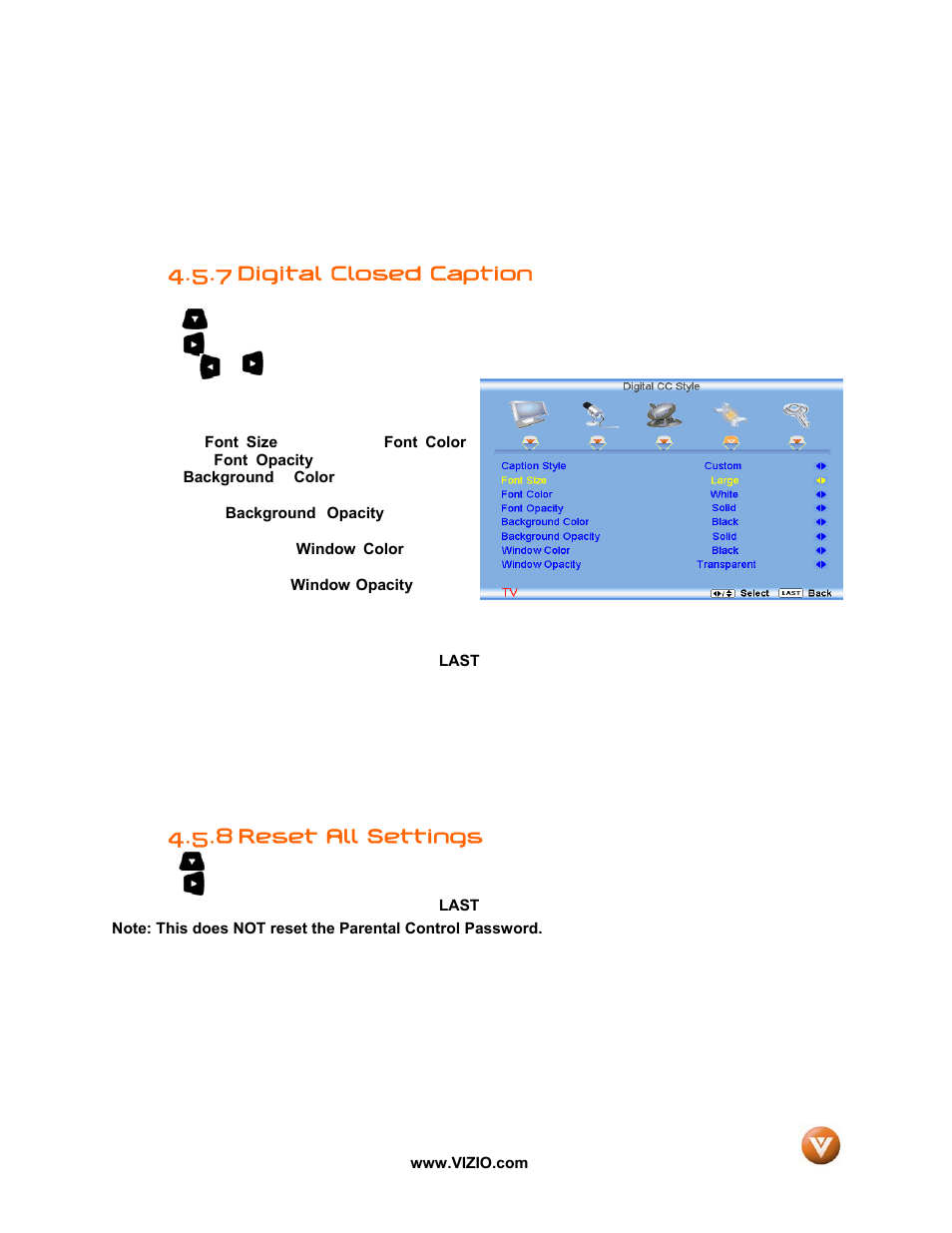 7 digital closed caption, Reset all settings, 8 reset all settings | Vizio VW47L FHDTV10A User Manual | Page 50 / 72