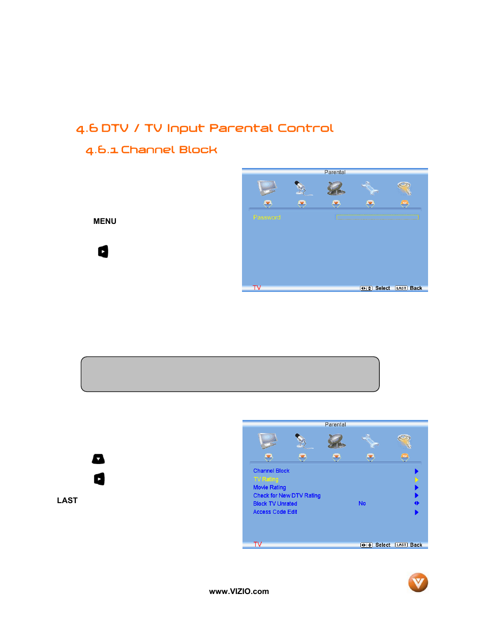 6 dtv / tv input parental control, 1 channel block | Vizio VW47L FHDTV10A User Manual | Page 51 / 72