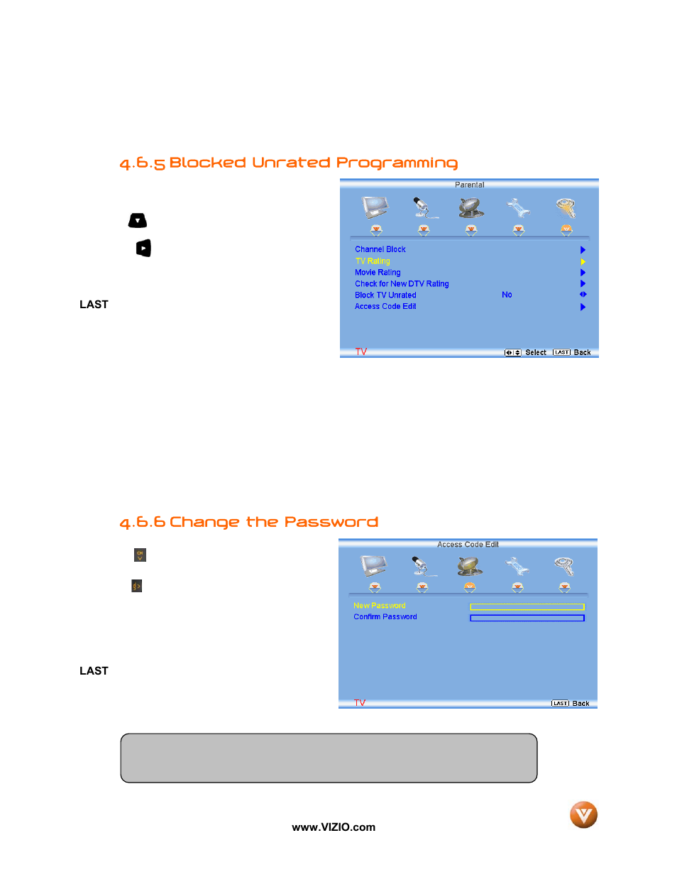 5 blocked unrated programming, 6 change the password | Vizio VW47L FHDTV10A User Manual | Page 54 / 72