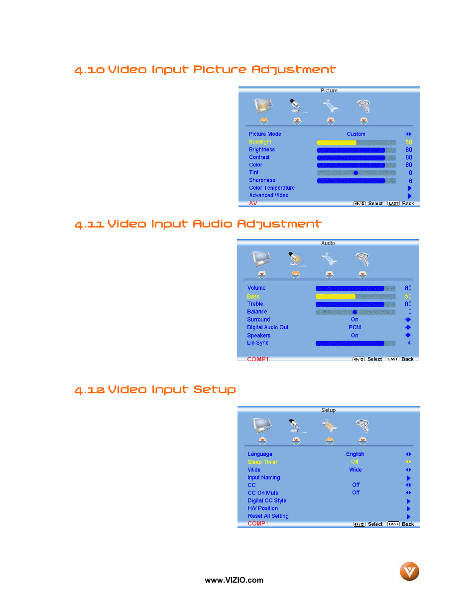 10 video input picture adjustment, 11 video input audio adjustment, 12 video input setup | Vizio VW47L FHDTV10A User Manual | Page 57 / 72