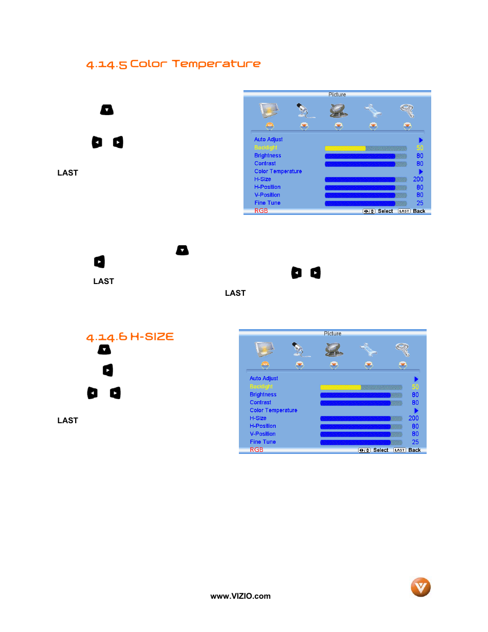 5 color temperature, H-size, 6 h-size | Vizio VW47L FHDTV10A User Manual | Page 60 / 72