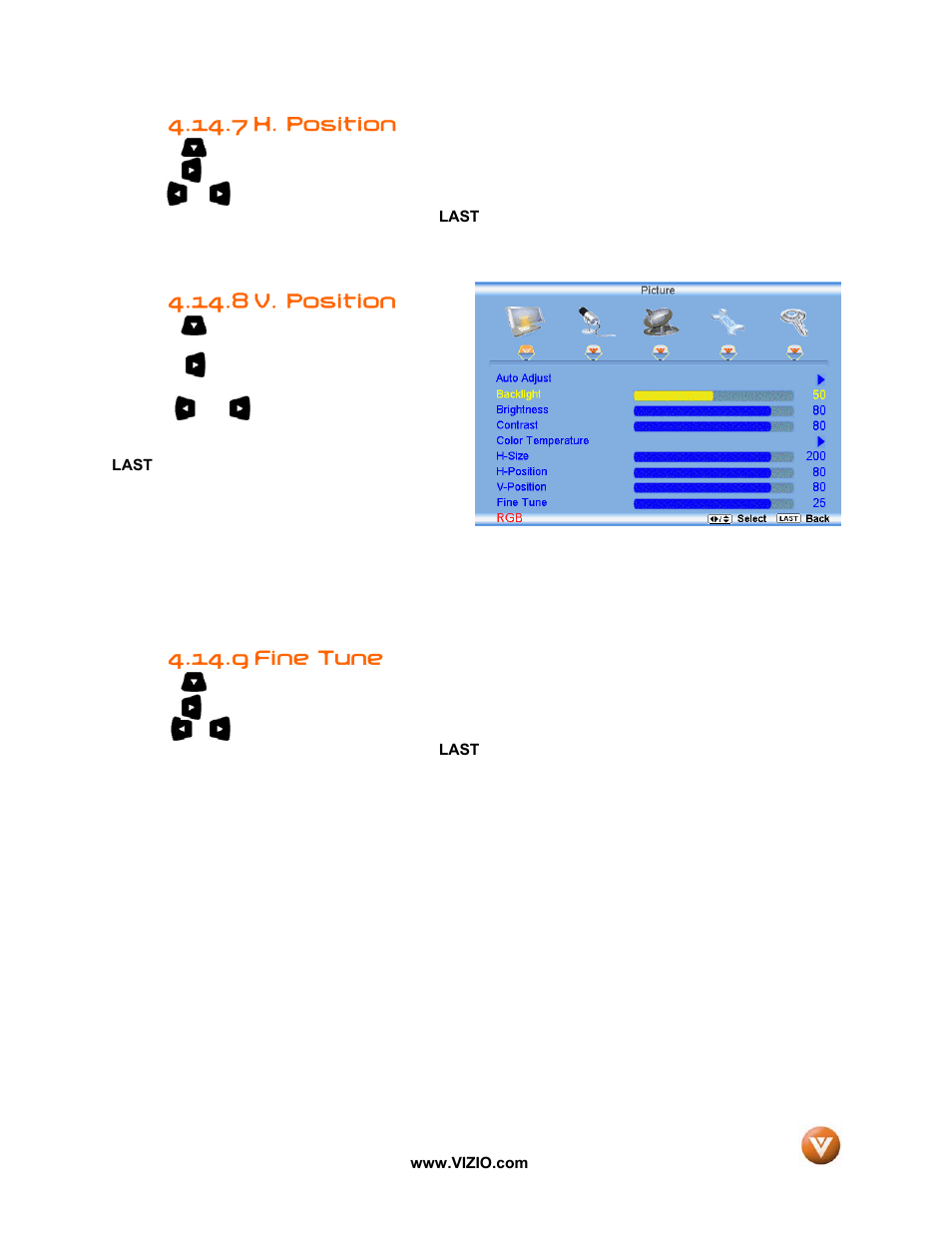 H. position, V. position, Fine tune | 7 h. position, 8 v. position, 9 fine tune | Vizio VW47L FHDTV10A User Manual | Page 61 / 72
