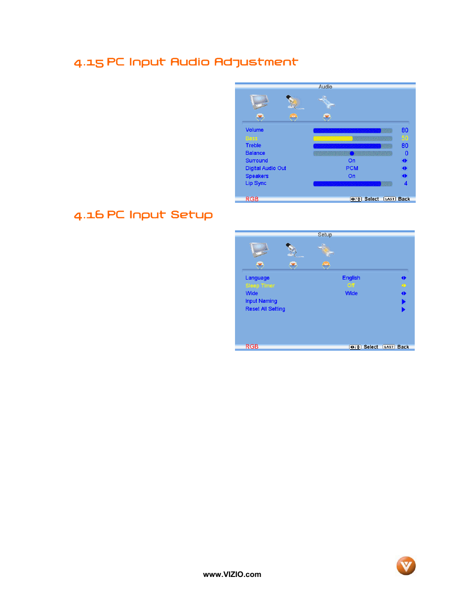 Pc input audio adjustment, 16 pc input setup, 15 pc input audio adjustment | Vizio VW47L FHDTV10A User Manual | Page 62 / 72