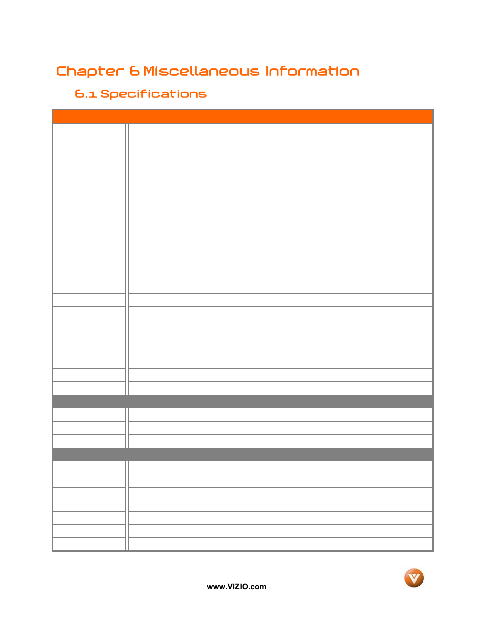 Chapter 6 miscellaneous information, 1 specifications | Vizio VW47L FHDTV10A User Manual | Page 69 / 72