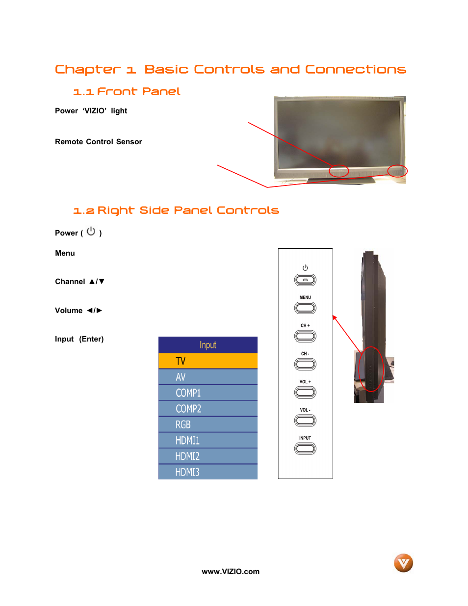 Chapter 1 basic controls and connections, Front panel, 2 right side panel controls | 1 front panel | Vizio VW47L FHDTV10A User Manual | Page 9 / 72