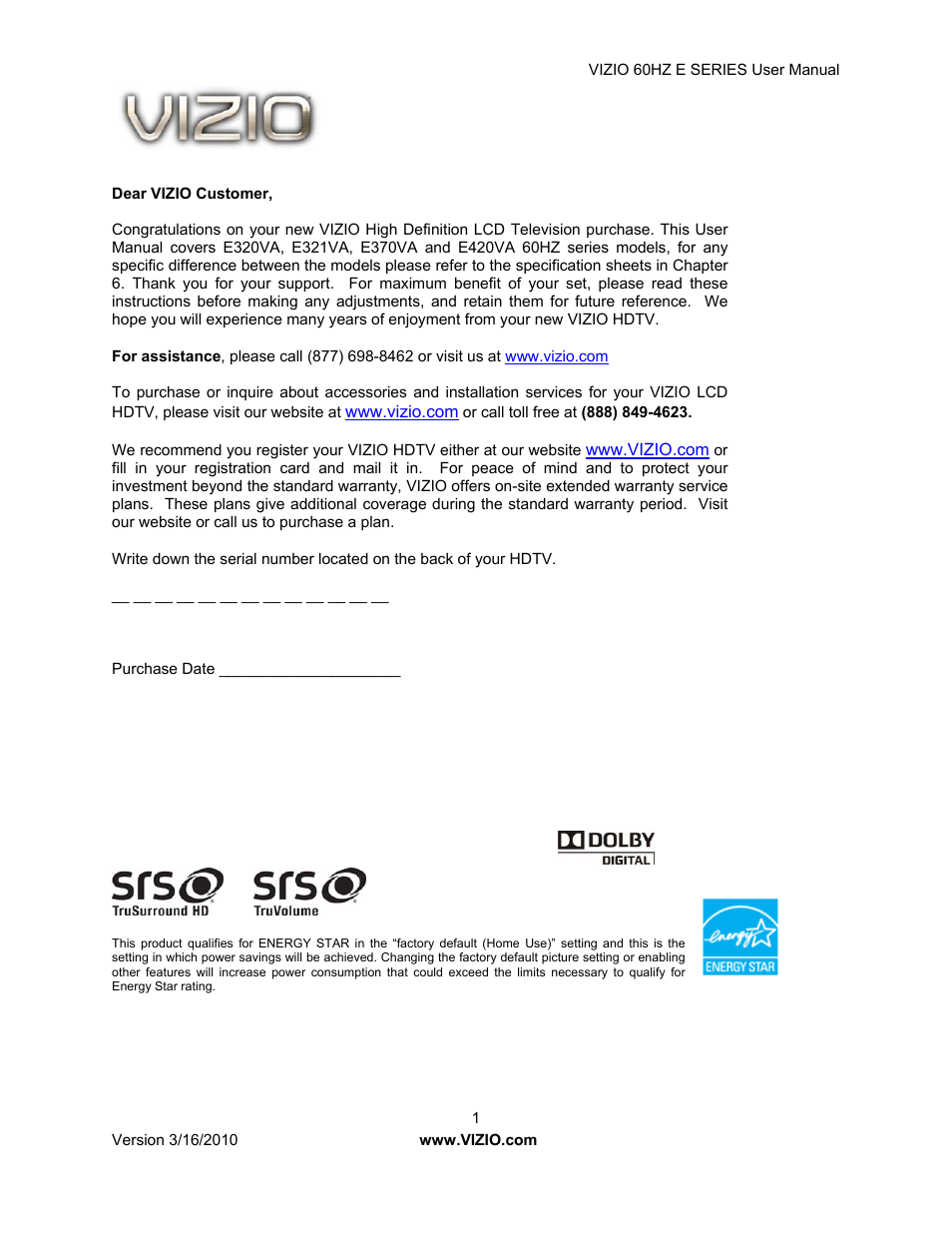 Vizio E321VA User Manual | 88 pages