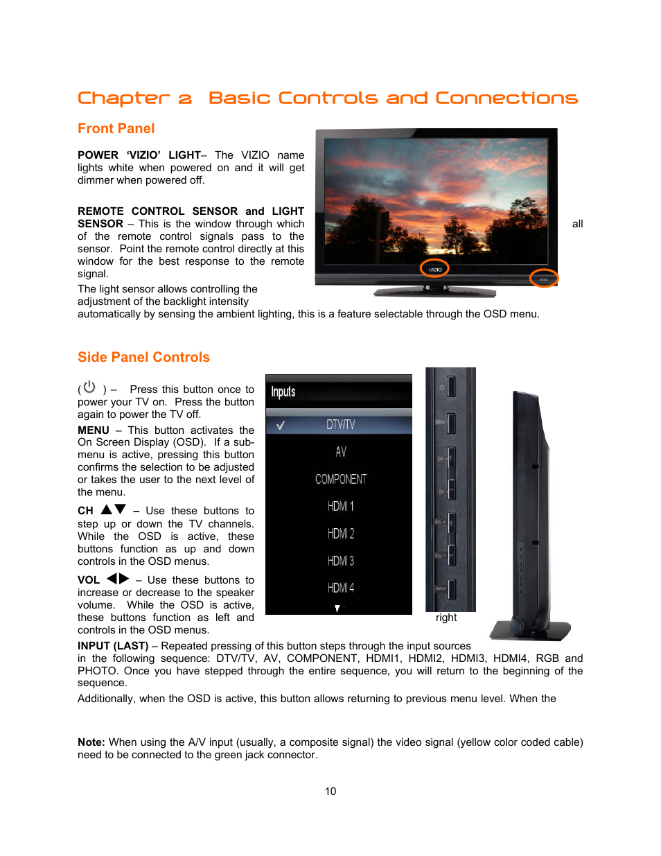 Chapter 2, Basic controls and connections, Front panel | Side panel controls | Vizio E321VA User Manual | Page 10 / 88