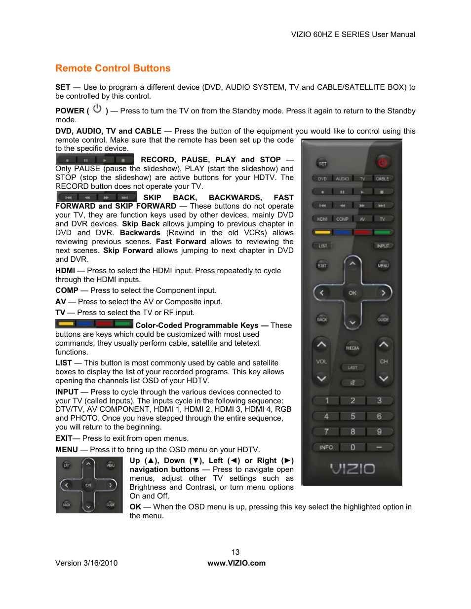 Remote control buttons | Vizio E321VA User Manual | Page 13 / 88