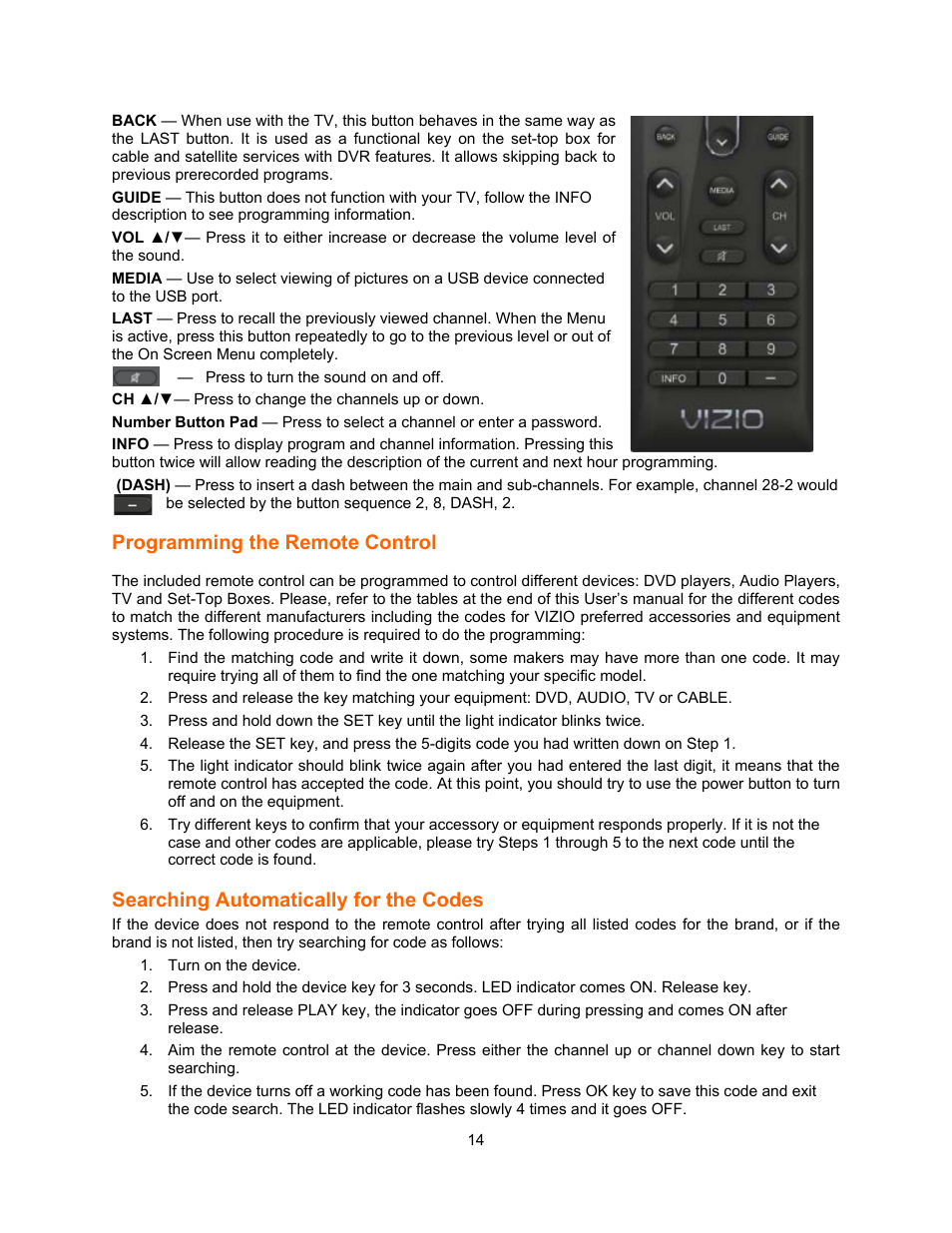 Programming the remote control, Searching automatically for the codes | Vizio E321VA User Manual | Page 14 / 88