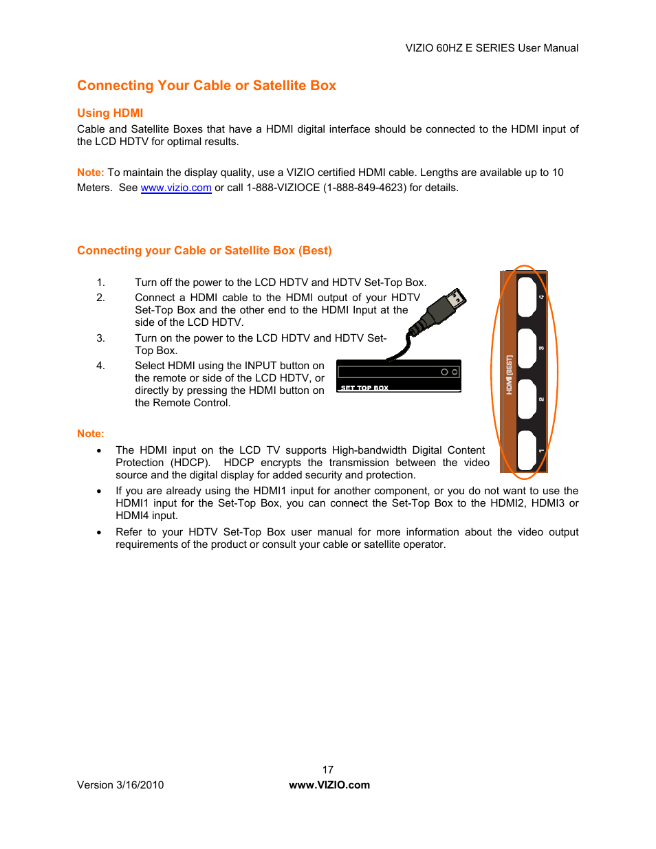 Connecting your cable or satellite box | Vizio E321VA User Manual | Page 17 / 88