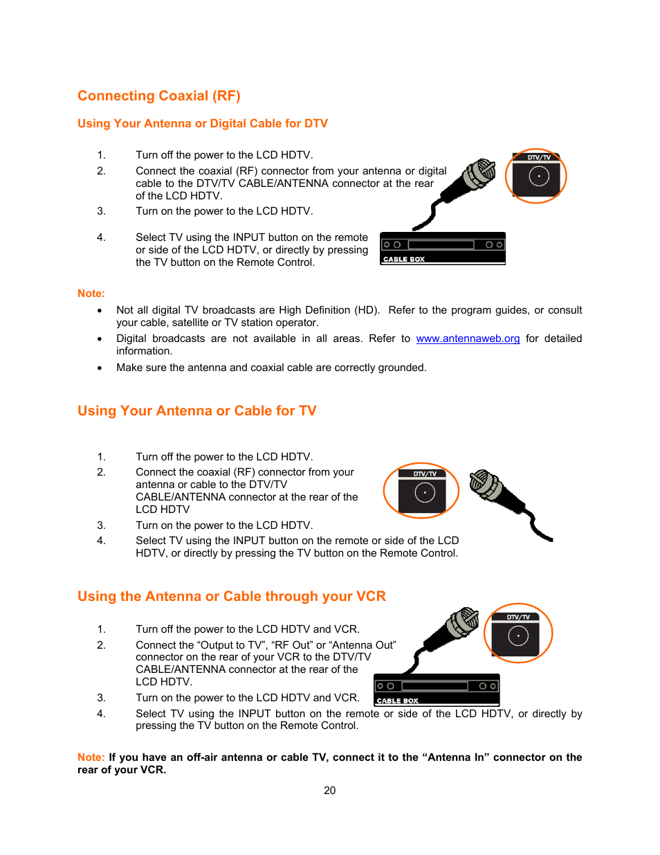 Connecting coaxial (rf), Using your antenna or cable for tv, Using the antenna or cable through your vcr | Vizio E321VA User Manual | Page 20 / 88
