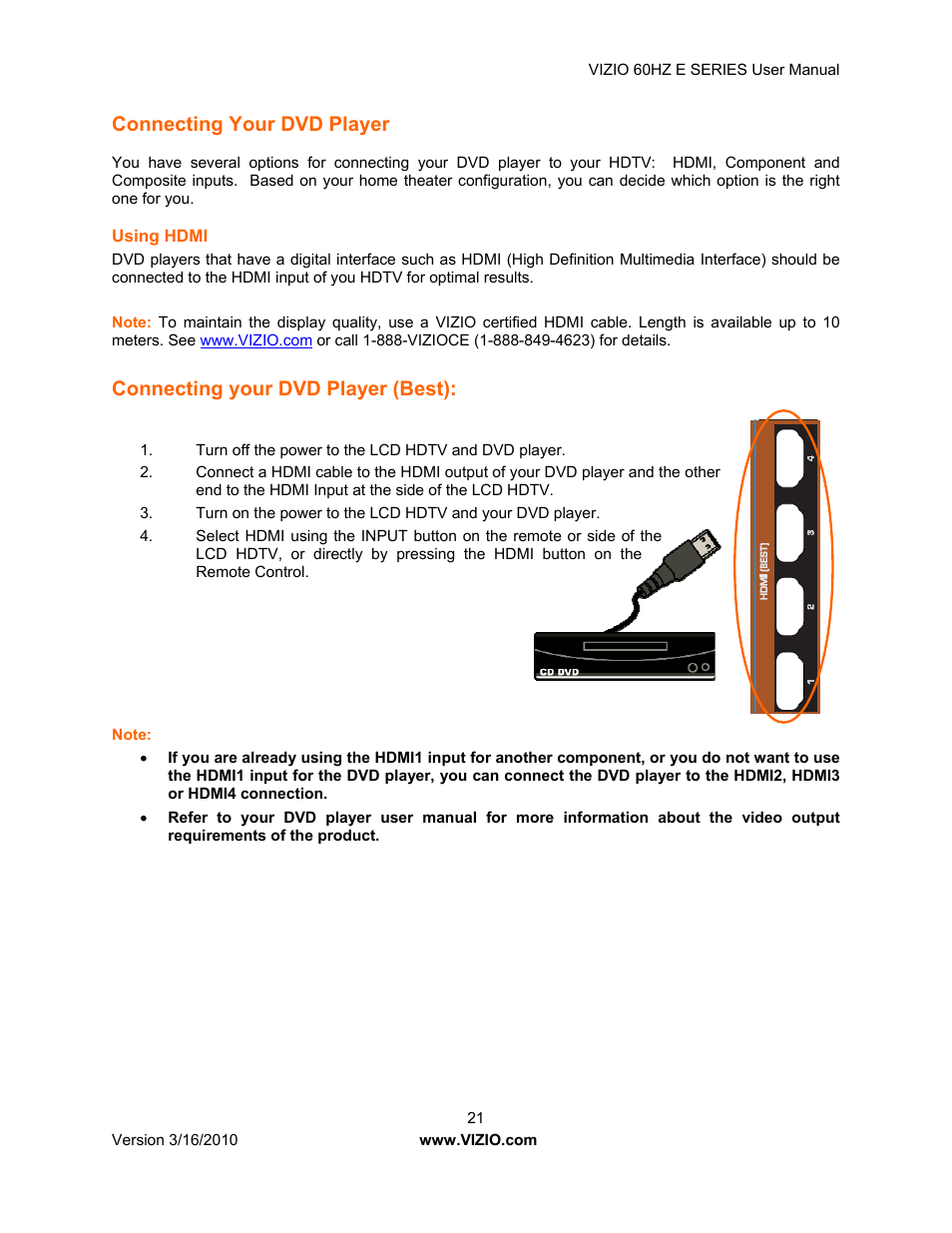 Connecting your dvd player, Connecting your dvd player (best) | Vizio E321VA User Manual | Page 21 / 88