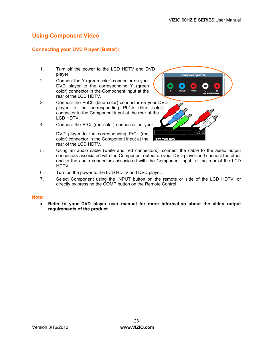 Using component video | Vizio E321VA User Manual | Page 23 / 88