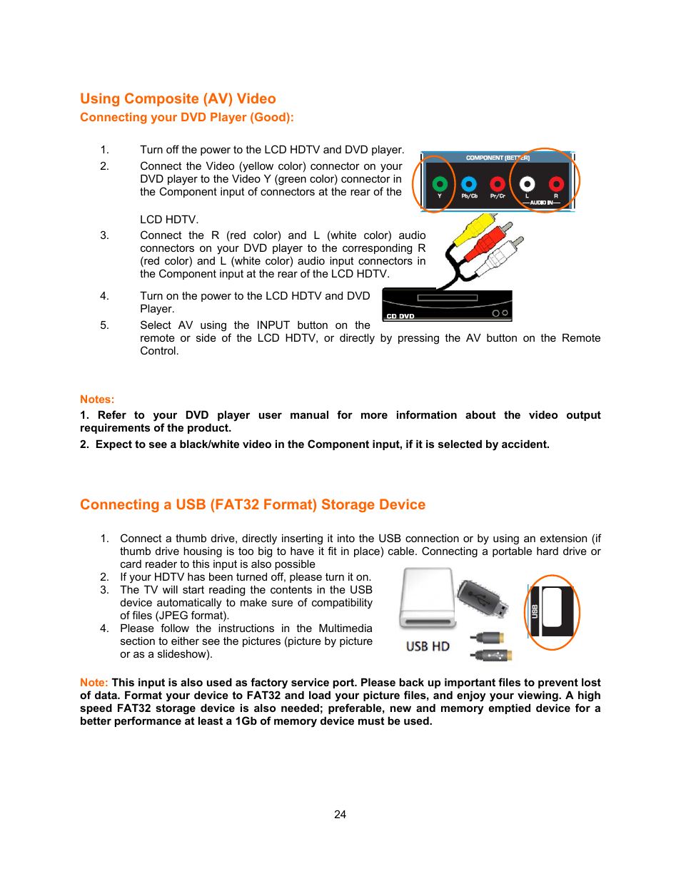 Using composite (av) video, Connecting a usb (fat32 format) storage device | Vizio E321VA User Manual | Page 24 / 88
