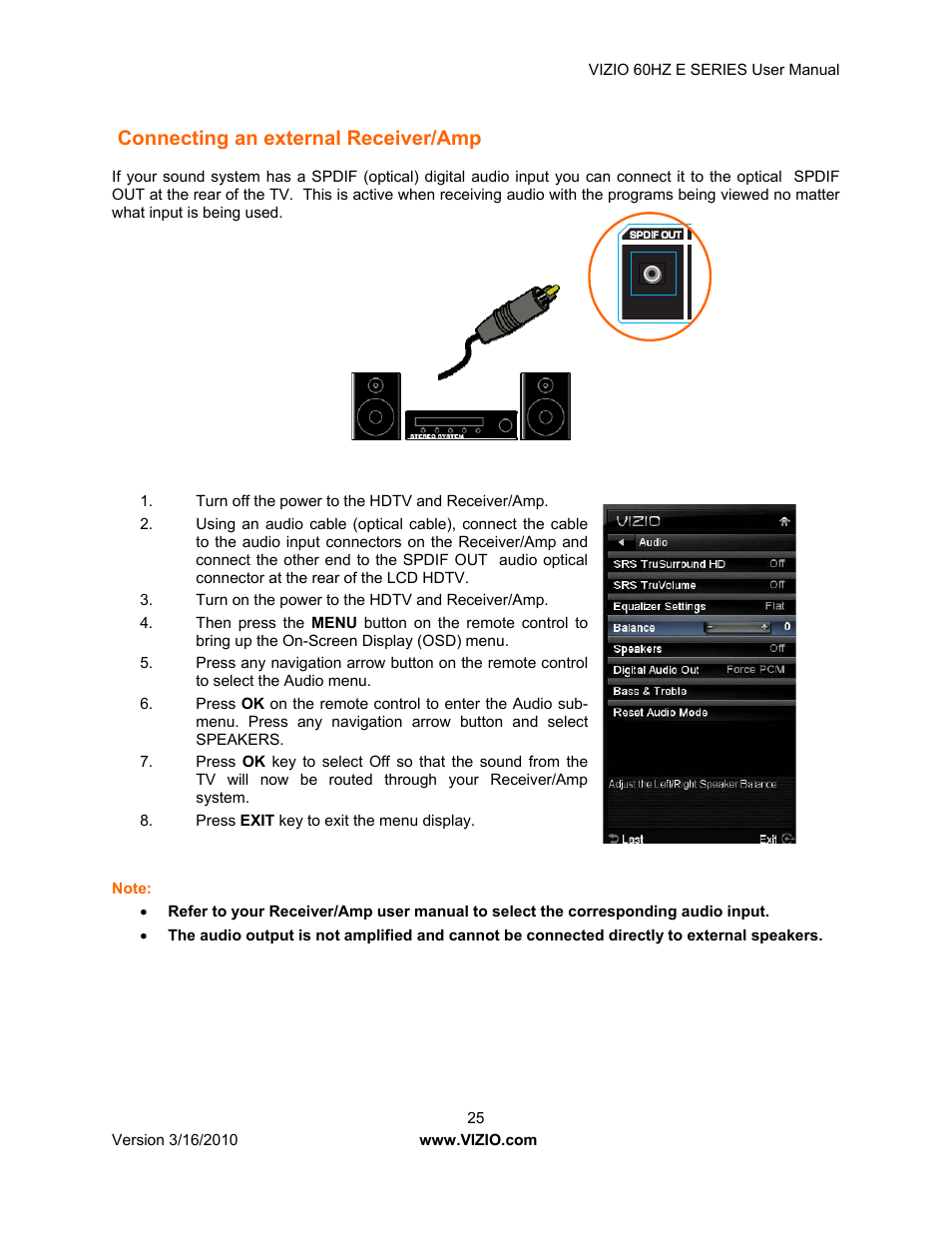 Connecting an external receiver/amp | Vizio E321VA User Manual | Page 25 / 88