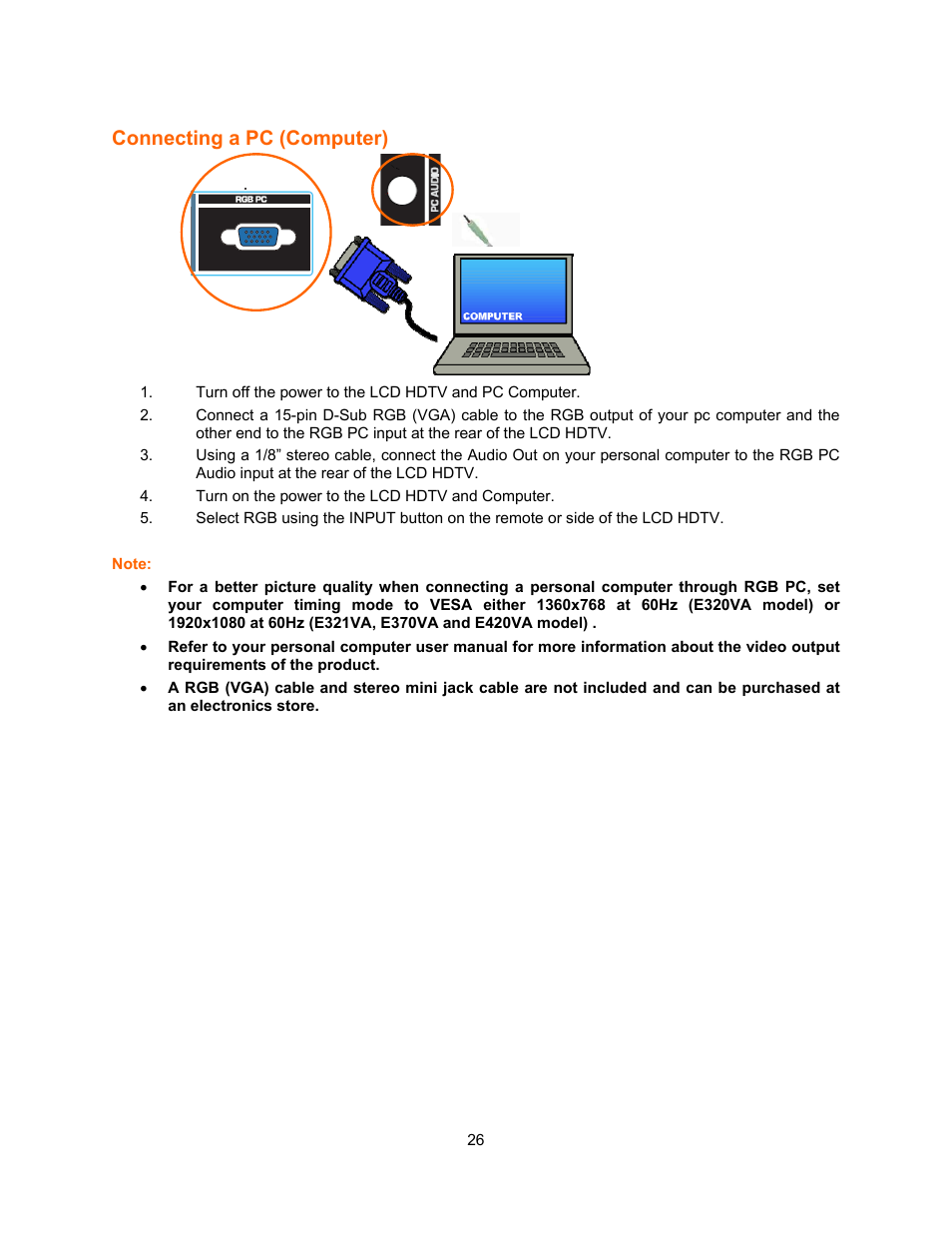 Connecting a pc (computer) | Vizio E321VA User Manual | Page 26 / 88