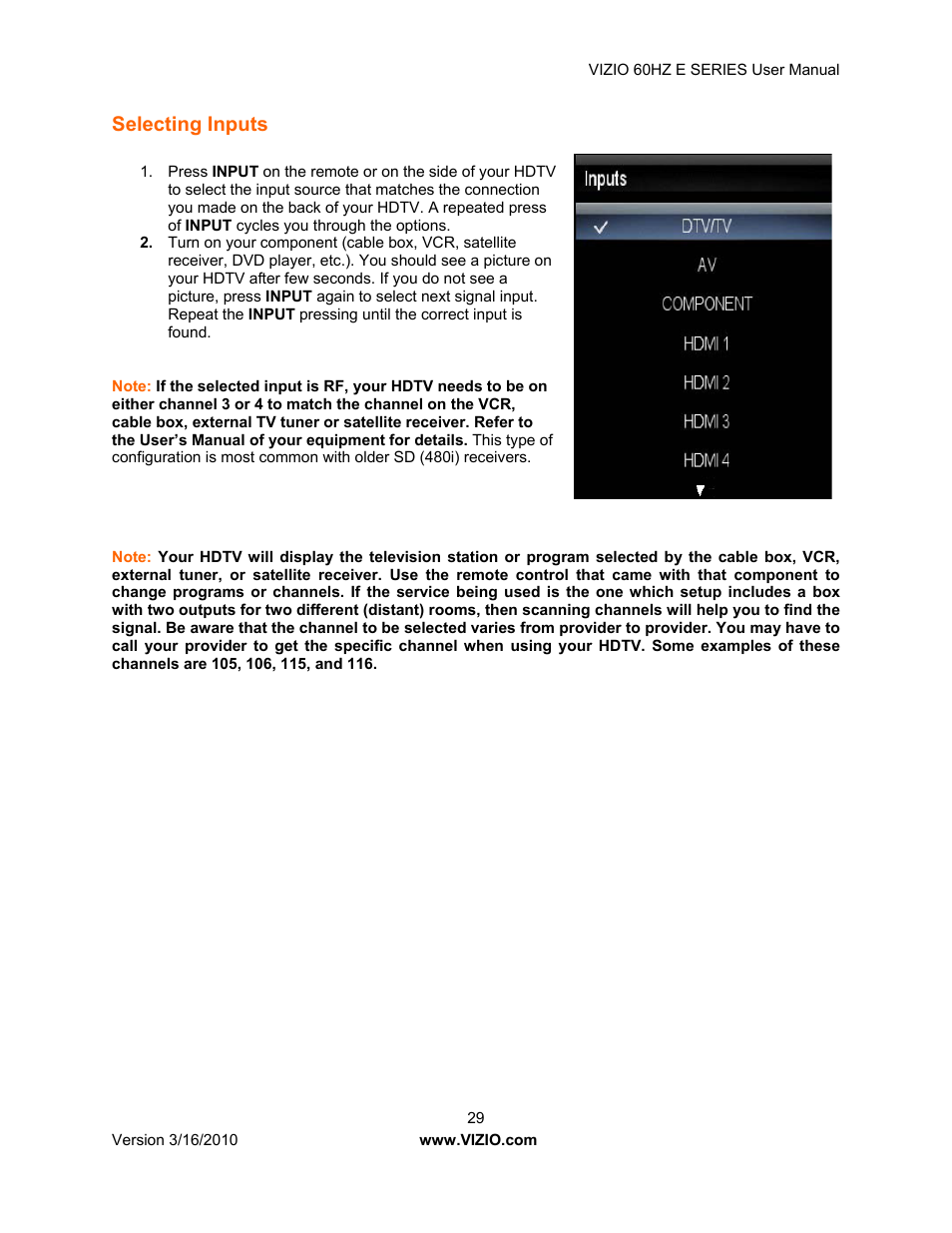 Selecting inputs | Vizio E321VA User Manual | Page 29 / 88