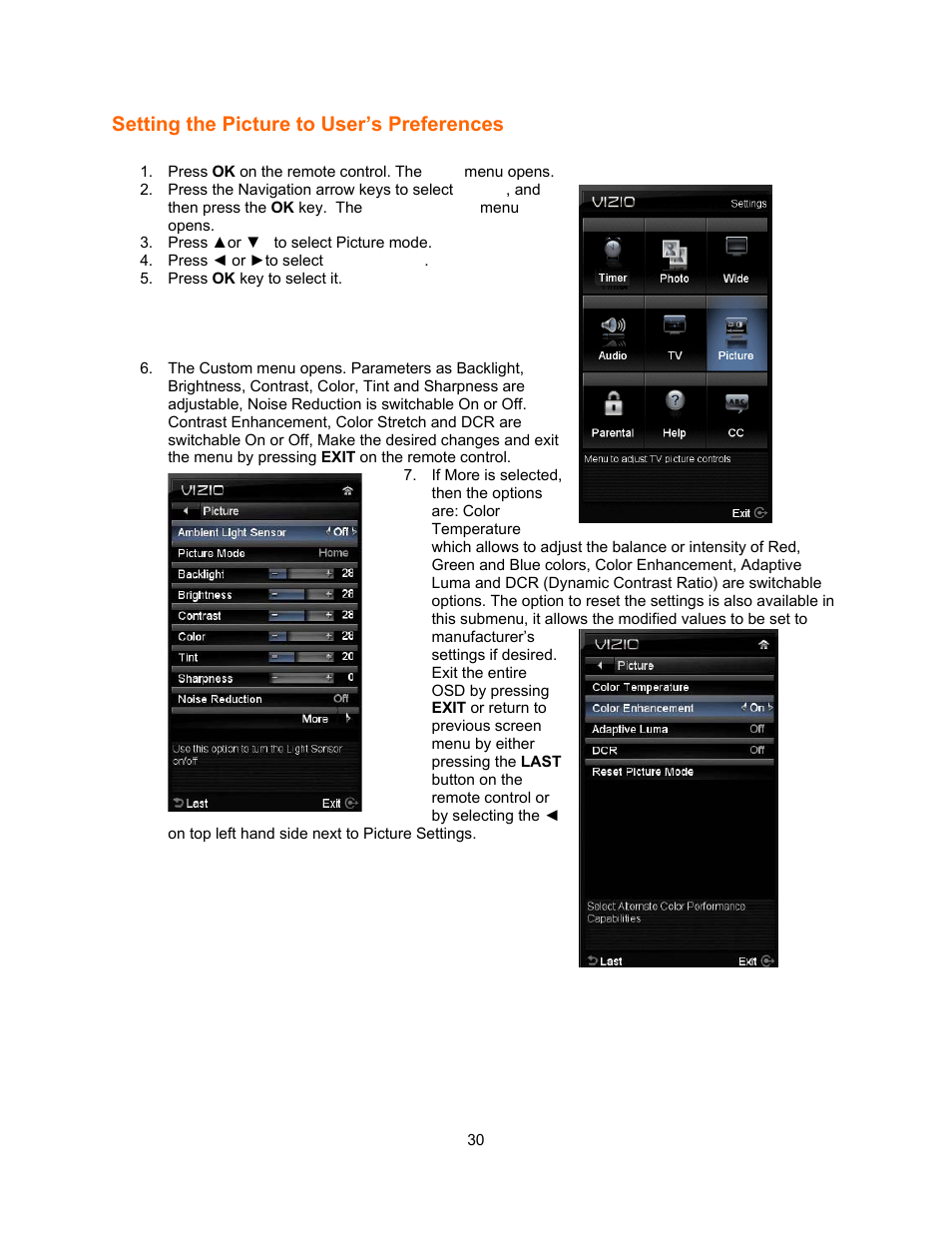 Setting the picture to user’s preferences | Vizio E321VA User Manual | Page 30 / 88