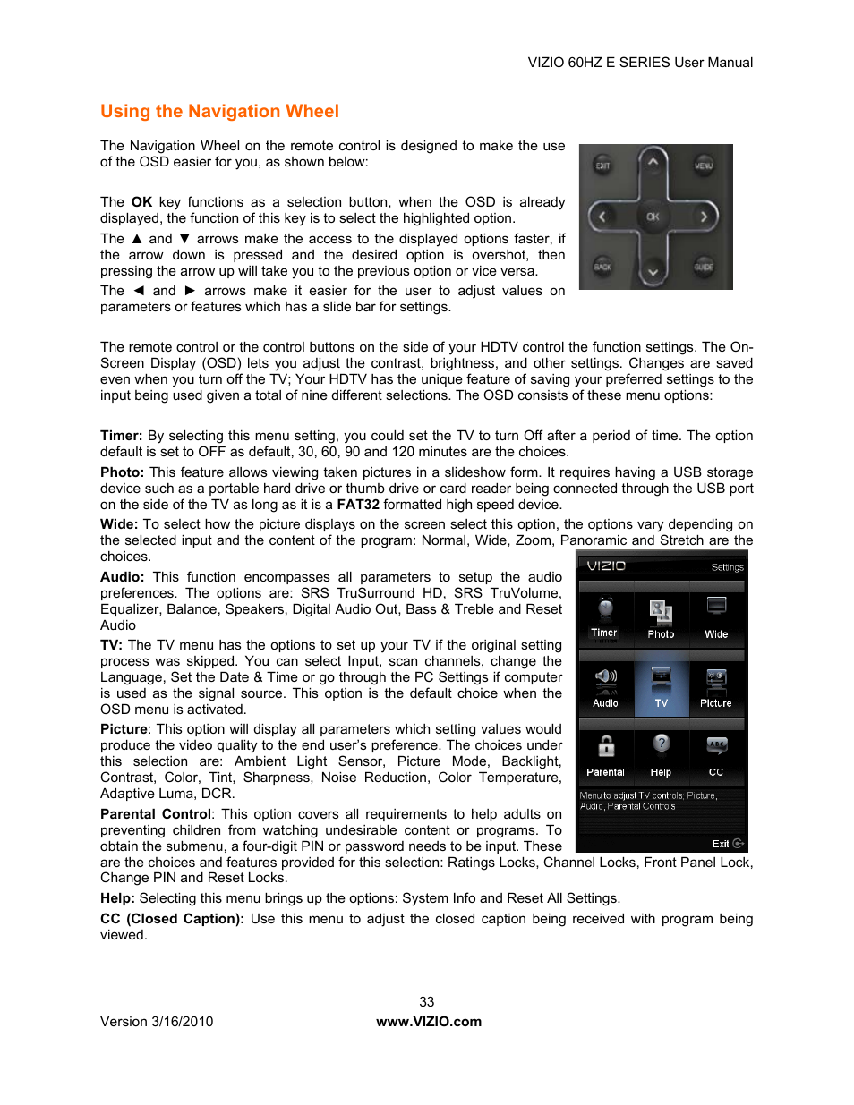 Using the navigation wheel | Vizio E321VA User Manual | Page 33 / 88