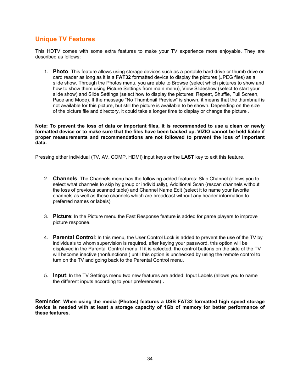 Unique tv features | Vizio E321VA User Manual | Page 34 / 88