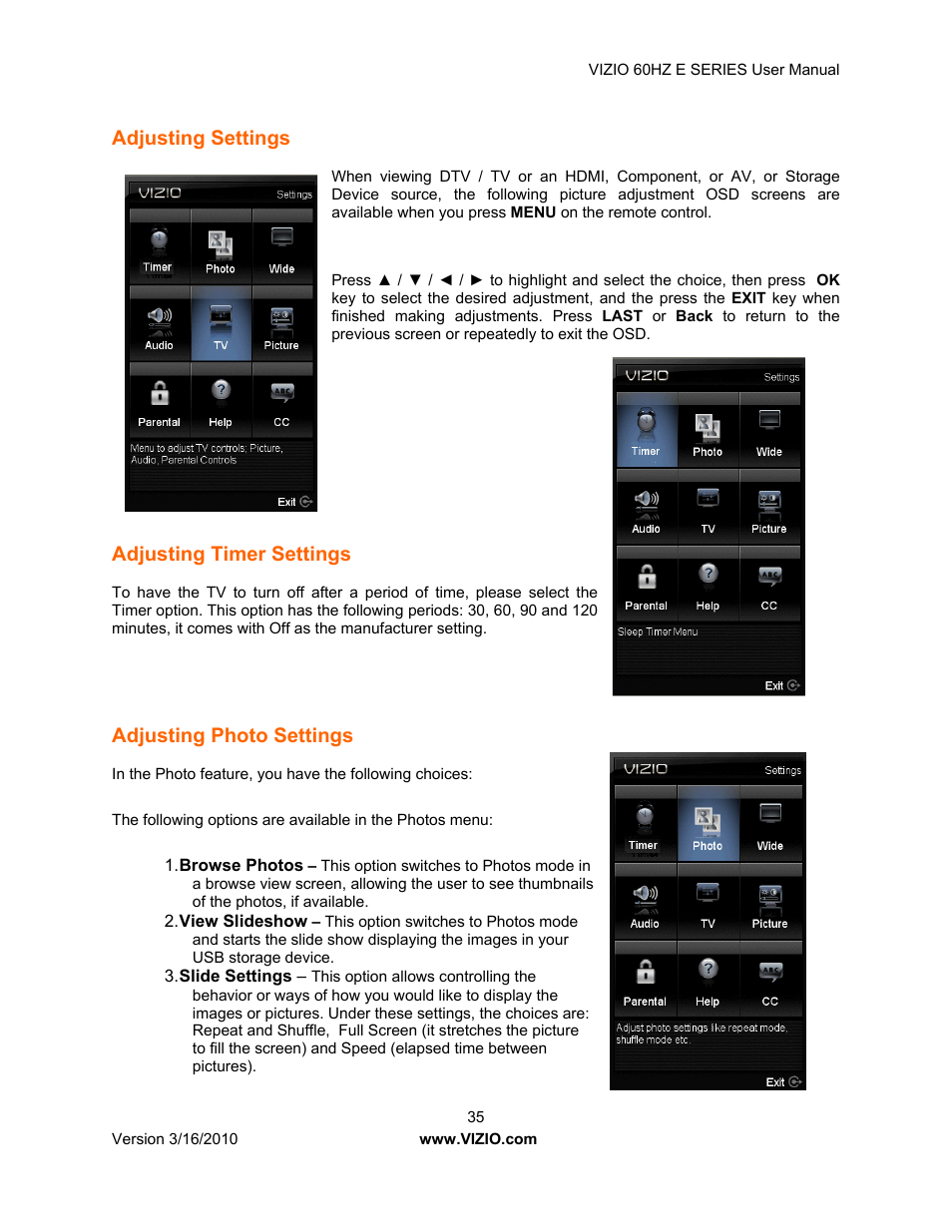 Adjusting settings, Adjusting timer settings, Adjusting photo settings | Vizio E321VA User Manual | Page 35 / 88