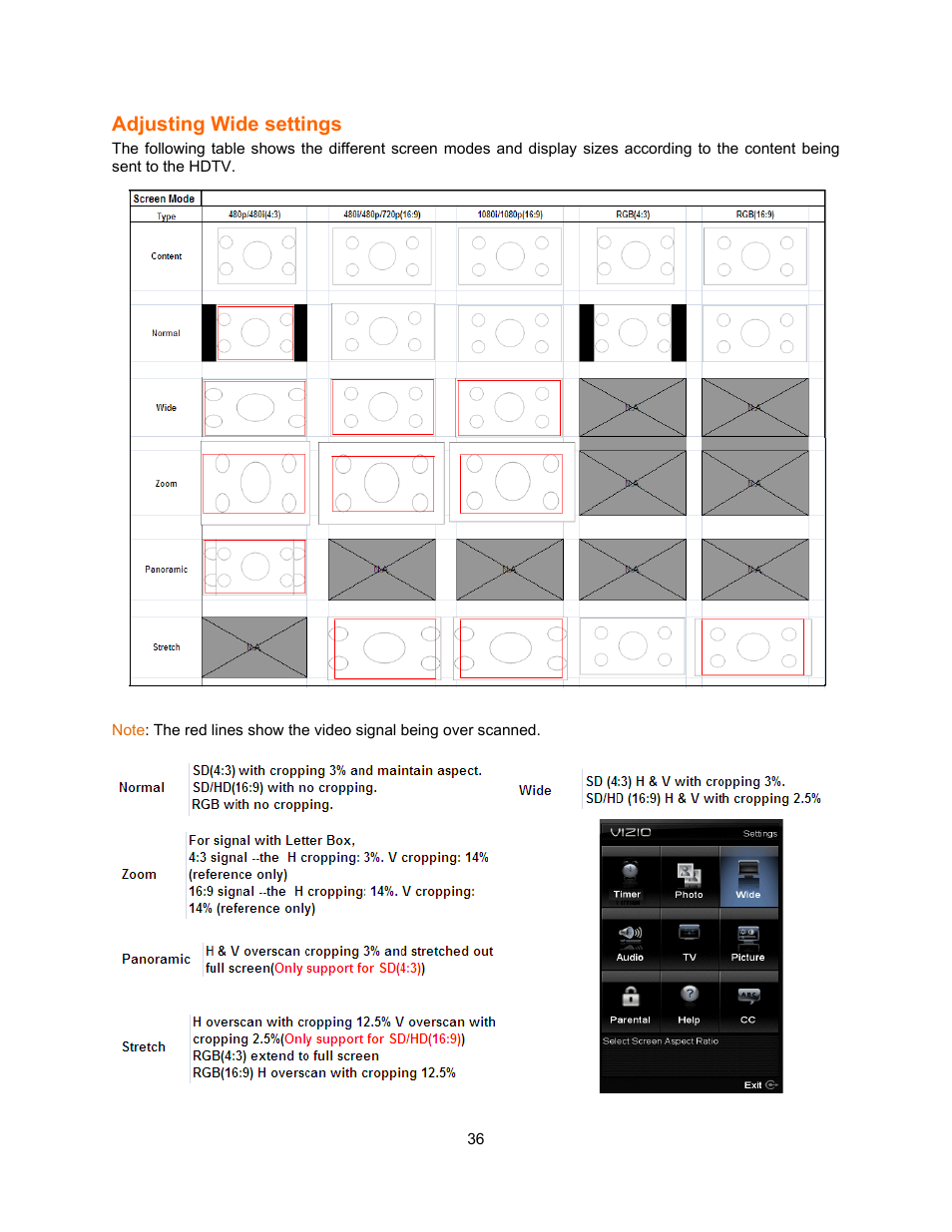 Adjusting wide settings | Vizio E321VA User Manual | Page 36 / 88