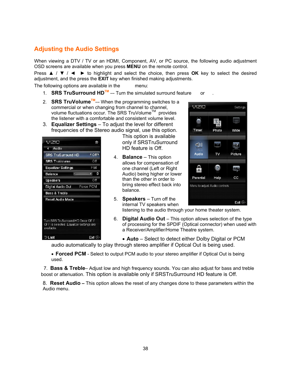 Adjusting the audio settings | Vizio E321VA User Manual | Page 38 / 88